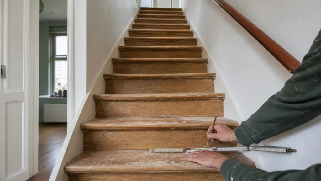 Versleten houten trap wordt met een duimstok ingemeten